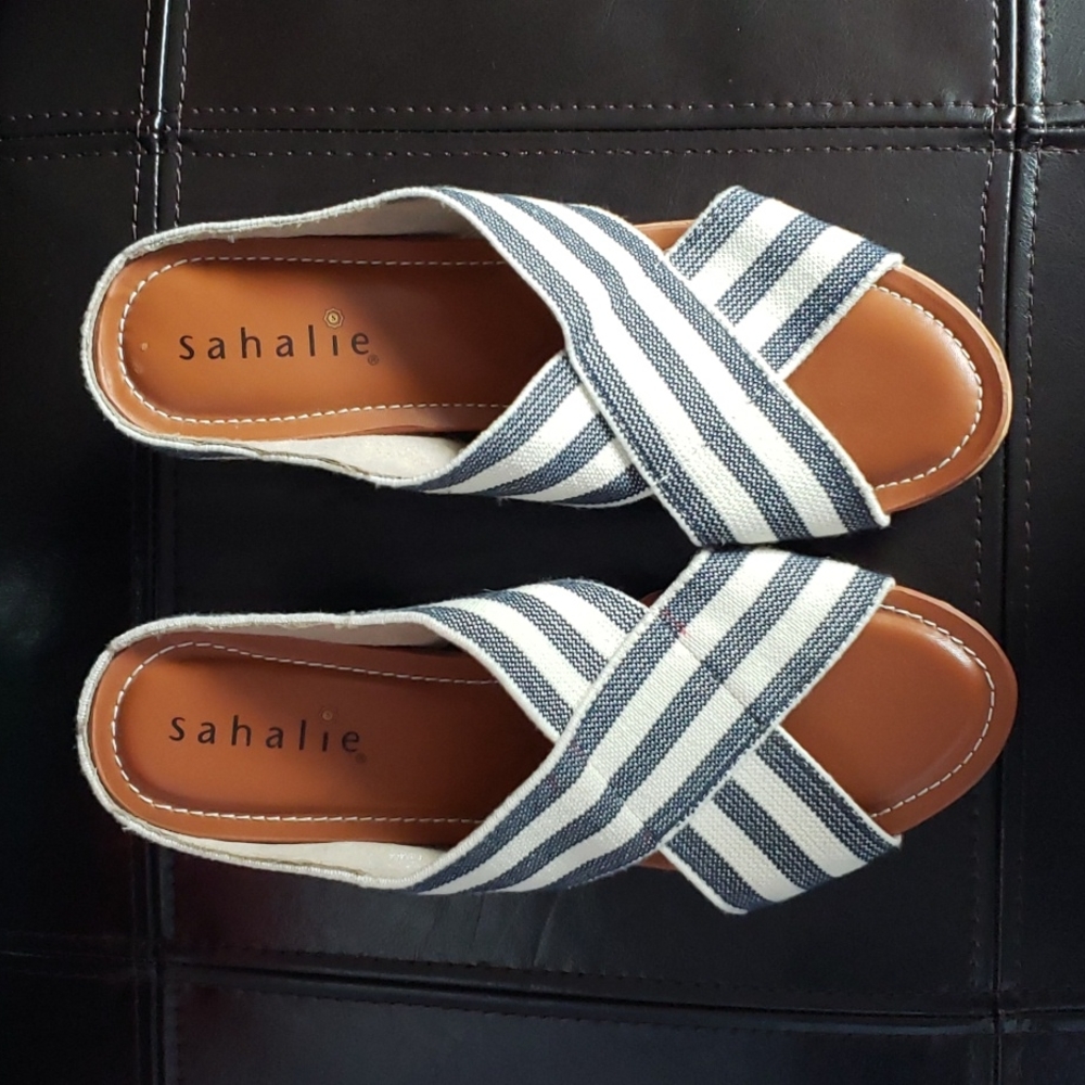 New Sahalie Cork Wedge Striped Canvas Sandal Shoes